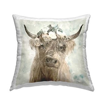 Stupell Home Decor Delicate Soft Buffalo with Floral Crown Watercolor 18" x 18" Decorative Throw Pillow