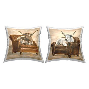 Stupell Home Decor 2-Pack Country Cattle Long Horns on Chairs 18" x 18" Decorative Throw Pillows