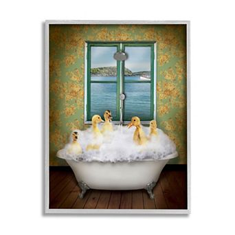 Stupell Home Decor Ducks Bathing Tub White Framed Wall Art
