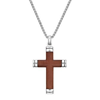 Men's LYNX Stainless Steel & Wood Cross Pendant Necklace