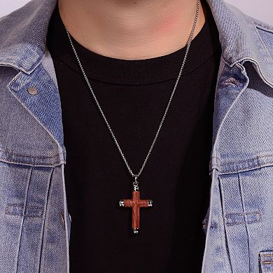 Men's LYNX Stainless Steel & Wood Cross Pendant Necklace