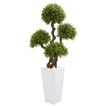 nearly natural 55 in Four Ball Boxwood Artificial Topiary Tree in Tall White Planter