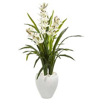 nearly natural 4-ft. Cymbidium Orchid Artificial Plant in White Planter