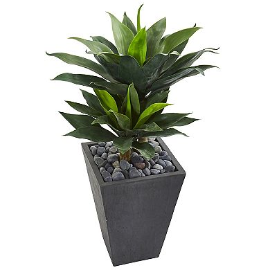 nearly natural 37-in. Double Agave Succulent Artificial Plant in Slate Planter