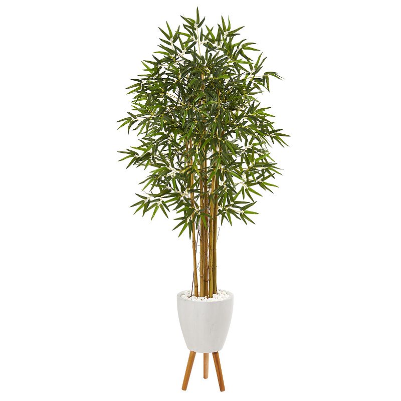 nearly natural 74-in. Multi Bambusa Bamboo Artificial Tree in White Planter with Stand, Green