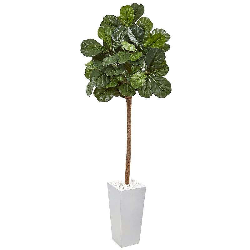 nearly natural 75-in. Fiddle Leaf Fig Artificial Tree in White Planter, Green