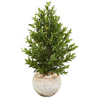 nearly natural 3-ft. UV Resistant Olive Cone Topiary Artificial Tree in Sand Stone Planter