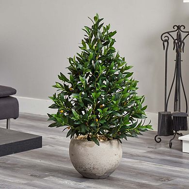 nearly natural 3-ft. UV Resistant Olive Cone Topiary Artificial Tree in Sand Stone Planter