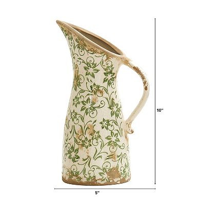 nearly natural 10-in. Tuscan Ceramic Green Scroll Pitcher Vase