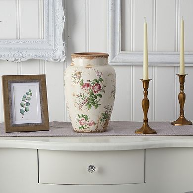 nearly natural 12.5-in. Tuscan Ceramic Floral Print Vase