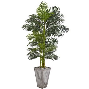 nearly natural 7-ft. Golden Cane Artificial Palm Tree in Cement Planter