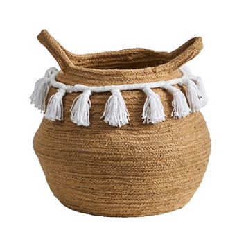 nearly natural 11 in Boho Chic Natural Cotton Woven Basket Planter with Tassels