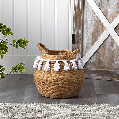 nearly natural 11-in. Boho Chic Natural Cotton Woven Basket Planter with Tassels