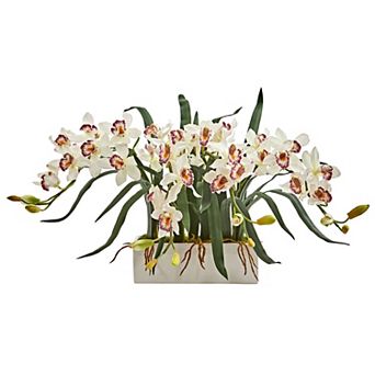 nearly natural Cymbidium Artificial Arrangement in White Vase