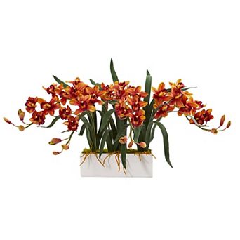 nearly natural Cymbidium Artificial Arrangement in White Vase