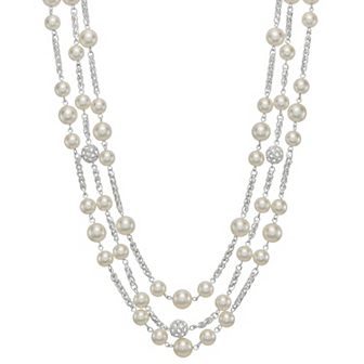 You're Invited Silver Tone Crystal & Simulated Pearl 3 Row Collar Necklace