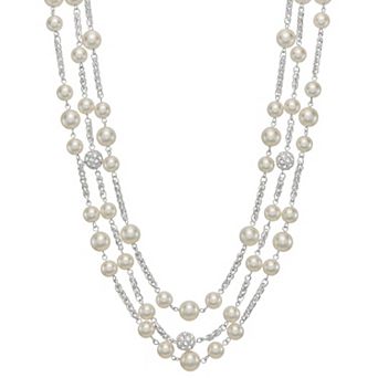 You're Invited Silver Tone Crystal & Simulated Pearl 3 Row Collar Necklace