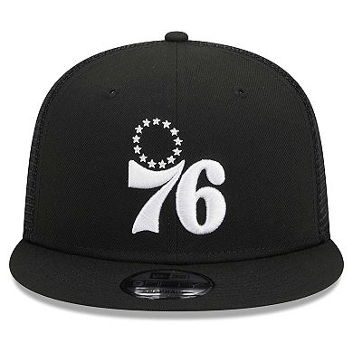 Men's New Era Black Philadelphia 76ers Evergreen 9FIFTY Trucker Snapback Hat
