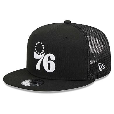 Men's New Era Black Philadelphia 76ers Evergreen 9FIFTY Trucker Snapback Hat