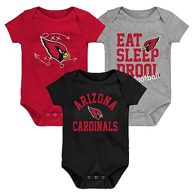 "Newborn & Infant Black/Cardinal/Heather Gray Arizona Cardinals Three-Pack Eat, Sleep & Drool Retro Bodysuit Set"