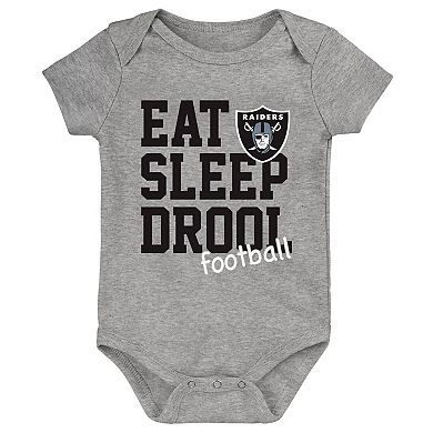 "Newborn & Infant Black/White/Heather Gray Las Vegas Raiders Three-Pack Eat, Sleep & Drool Retro Bodysuit Set"