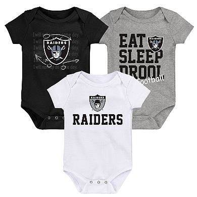 "Newborn & Infant Black/White/Heather Gray Las Vegas Raiders Three-Pack Eat, Sleep & Drool Retro Bodysuit Set"