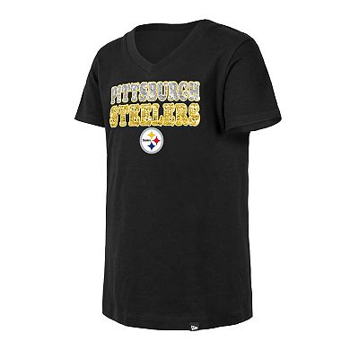 Girls Youth New Era Black Pittsburgh Steelers Reverse Sequin V-Neck T-Shirt