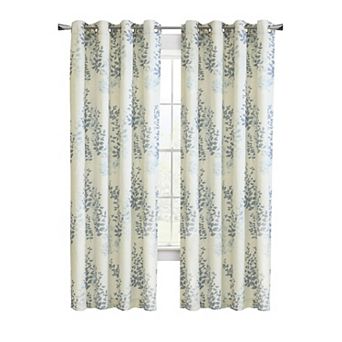 Light Filtering Grommet Curtain Panel Two Tone Leaf Branches Bouquet Faux Linen Fabric