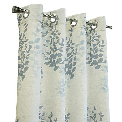 Light Filtering Grommet Curtain Panel Two Tone Leaf Branches Bouquet Faux Linen Fabric