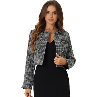 Women's Contrast Collar Double Breasted Vintage Cropped Jackets Tweed Plaid Blazer