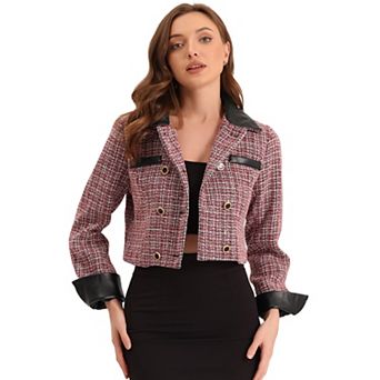 Women's Contrast Collar Double Breasted Vintage Cropped Jackets Tweed Plaid Blazer