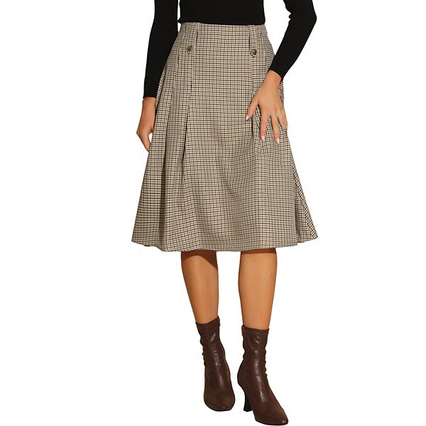 Women's Vintage Plaid Skirts High Waist Pleated A-Line Midi Skirt