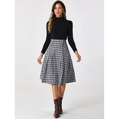 Women's Vintage Plaid Skirts High Waist Pleated A-Line Midi Skirt