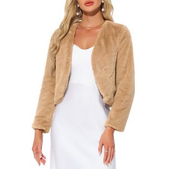 Women's Long Sleeve Open Front Cropped Winter Faux Fur Jackets