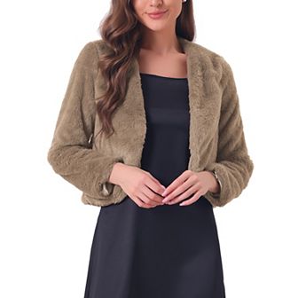 Women's Long Sleeve Open Front Cropped Winter Faux Fur Jackets