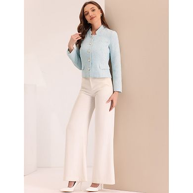 Women's Plaid Tweed Blazer Long Sleeve Button Decor Work Office Crop Jacket