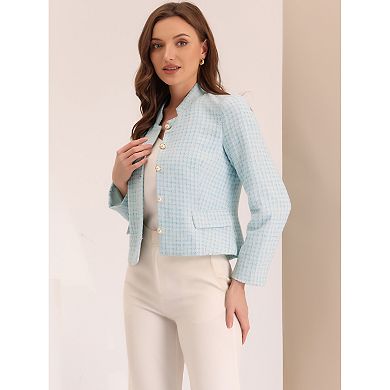 Women's Plaid Tweed Blazer Long Sleeve Button Decor Work Office Crop Jacket