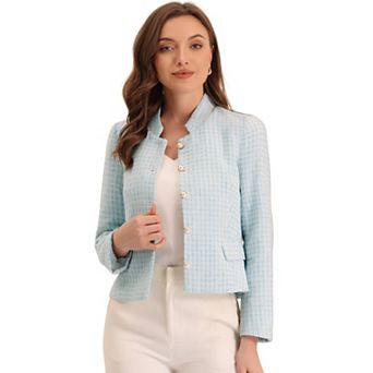 Women's Plaid Tweed Blazer Long Sleeve Button Decor Work Office Crop Jacket