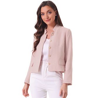 Women's Plaid Tweed Blazer Long Sleeve Button Decor Work Office Crop Jacket