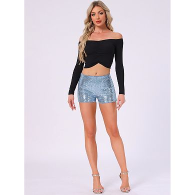 Sequin Short Pants for Women's Midrise Solid Sparkle Coctail Elastic Waist Shorts
