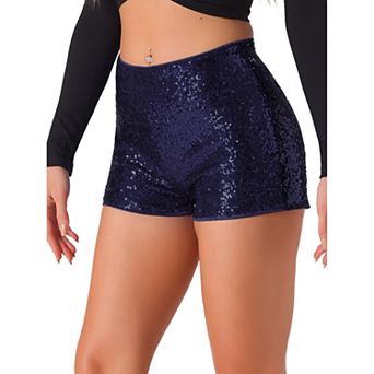 Sequin Short Pants For Women's Midrise Solid Sparkle Coctail Elastic Waist Shorts