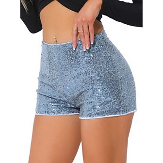 Sequin Short Pants For Women's Midrise Solid Sparkle Coctail Elastic Waist Shorts