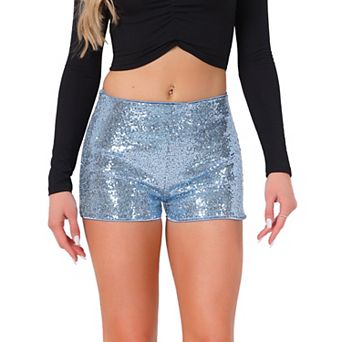 Sequin Short Pants For Women's Midrise Solid Sparkle Coctail Elastic Waist Shorts