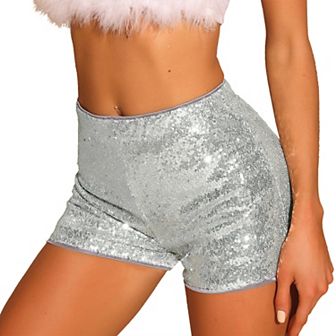 Sequin Short Pants For Women's Midrise Solid Sparkle Coctail Elastic Waist Shorts