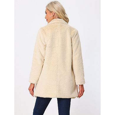 Lapel Faux Fur Coat For Women's Fuzzy Winter Warm Jacket Overcoat With Pockets