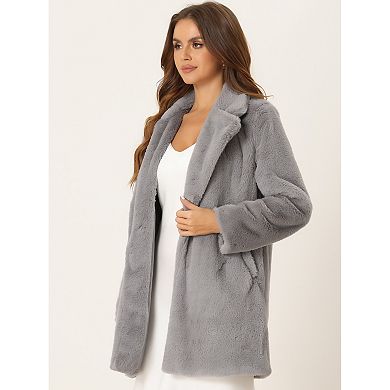 Lapel Faux Fur Coat For Women's Fuzzy Winter Warm Jacket Overcoat With Pockets