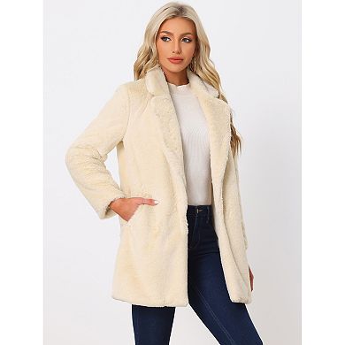 Lapel Faux Fur Coat For Women's Fuzzy Winter Warm Jacket Overcoat With Pockets