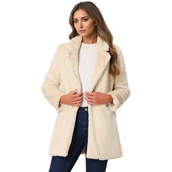 Lapel Faux Fur Coat for Women's Fuzzy Winter Warm Jacket Overcoat with Pockets