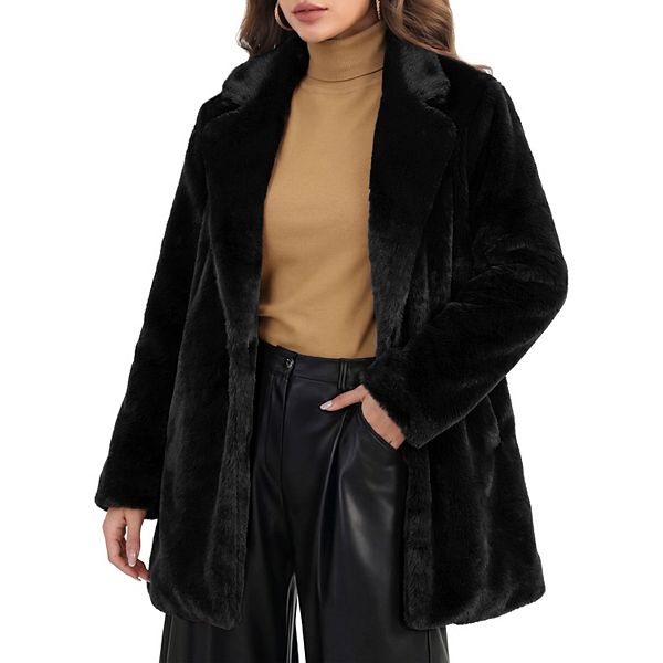 Fluffy Black Turn Lapel Faux Fur Winter Coat main image 0
