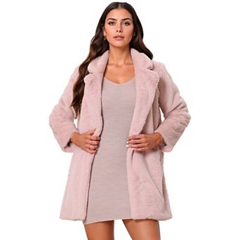 Lapel Faux Fur Coat for Women's Fuzzy Winter Warm Jacket Overcoat with Pockets